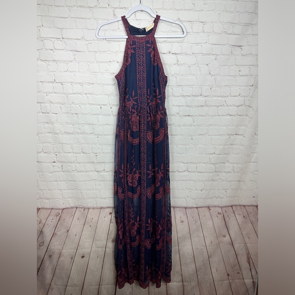 ALTAR'D STATE maxi DRESS Long Navy embroidered sheer halter sz S, GUC beach boho